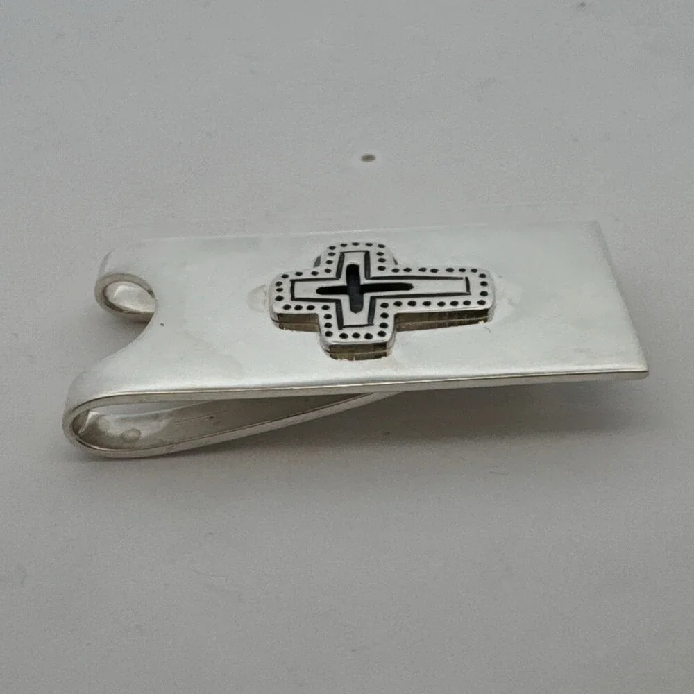 Estate 925 Sterling Silver Stylized Cross Rectangular Small Unisex Money Clip